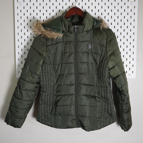 US Polo Assn Olive Green Faux Fur Hooded Puffer Jacket XL Winter Coat - Picture 1 of 10